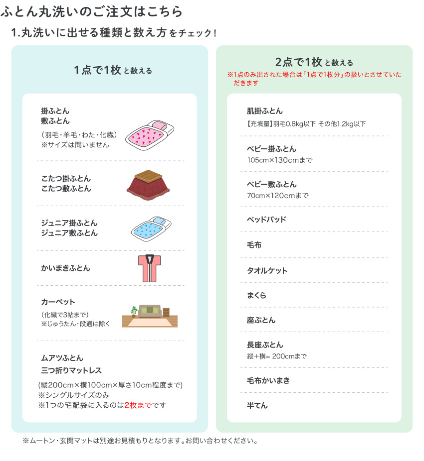 ふとん丸洗いのご注文はこちら 1.丸洗いに出せる種類と数え方をチェック！