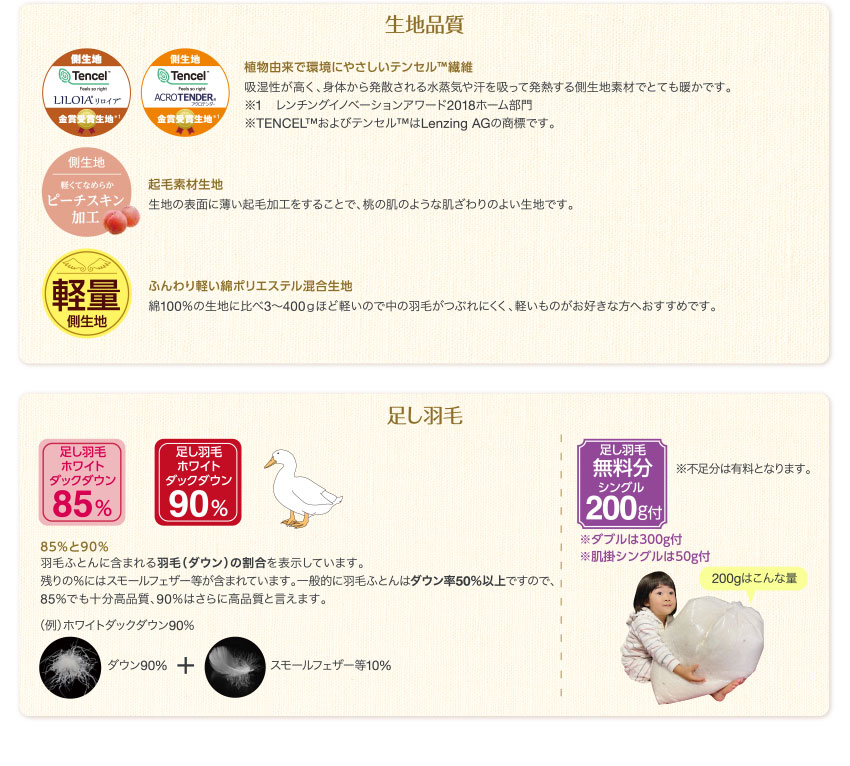 生地品質・足し羽毛