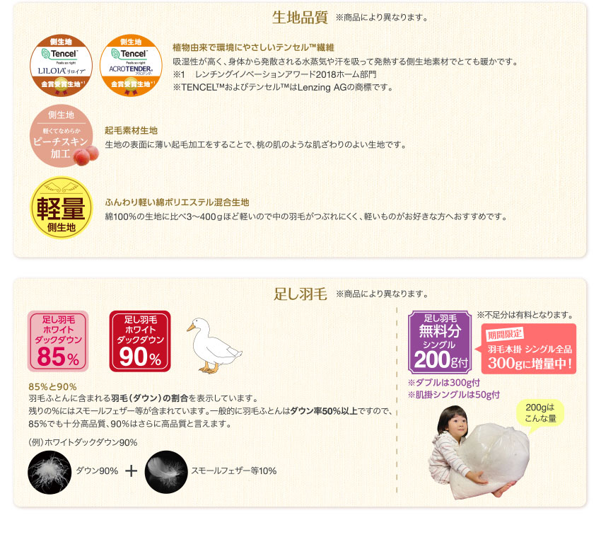 生地品質・足し羽毛